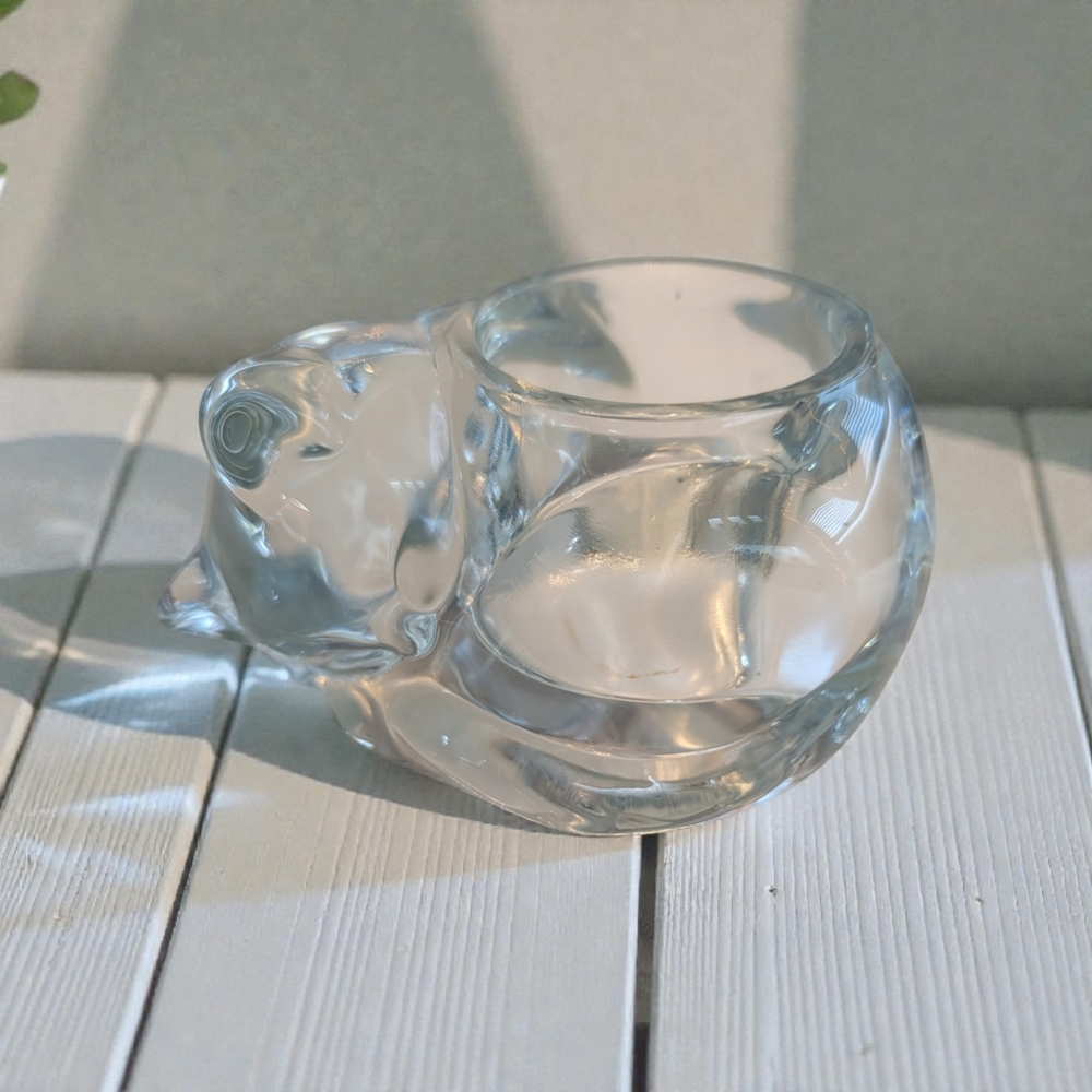 Vintage Indiana Glass Sleeping Cat Votive Candle Holder